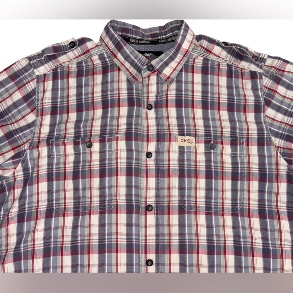 Harley-Davidson Plaid Short Sleeve Button-Up Shirt Red White Blue Men’s XL - Picture 3 of 13